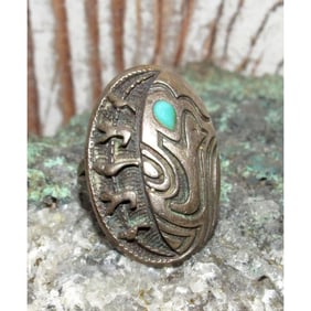 Southwestern Bear Fetish Ring Sterling Silver Turquoise Ring Size 7