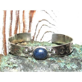 Navajo Lapis Stacker Cuff Sterling Hand Etched Bracelet Signed