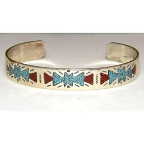 Navajo Turquoise Coral Inlay Stacker Cuff Bracelet Sterling Silver R Begay