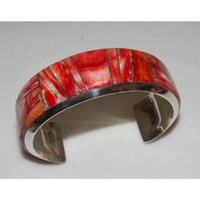 Massive Navajo Red Orange Spiny Inlay Cuff Bracelet Sterling R. Brown