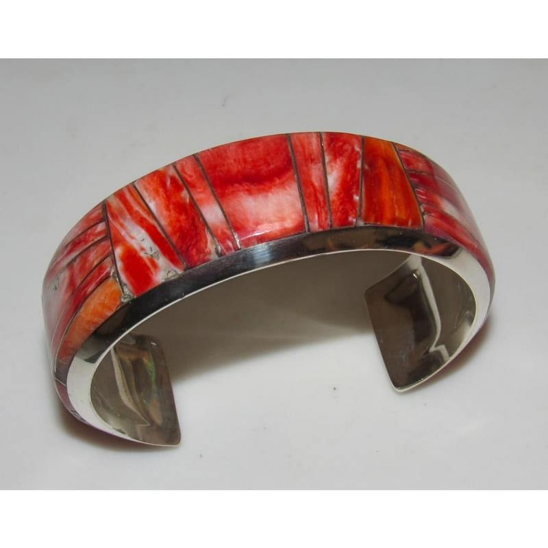 Massive Navajo Red Orange Spiny Inlay Cuff Bracelet Sterling R. Brown (1 of 5)