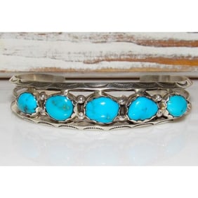 Navajo Kingman Turquoise Stacker Cuff Bracelet Sterling Silver Native Signed