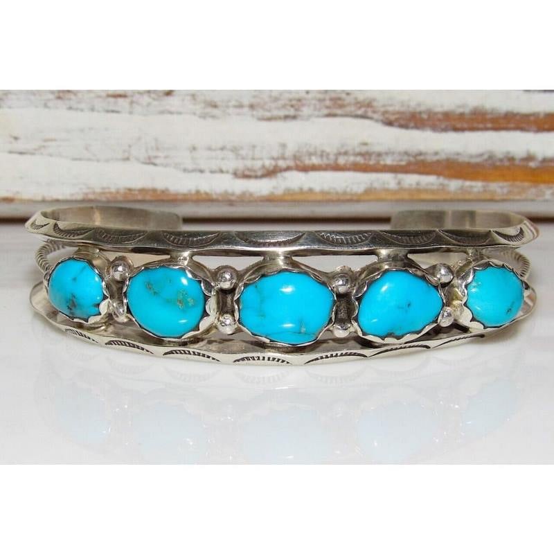 Navajo Kingman Turquoise Stacker Cuff Bracelet Sterling Silver Native Signed (1 of 6)