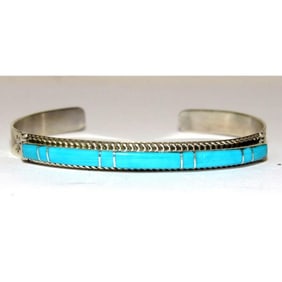 Navajo Turquoise Inlay Stacker Cuff Bracelet Sterling Native American Signed