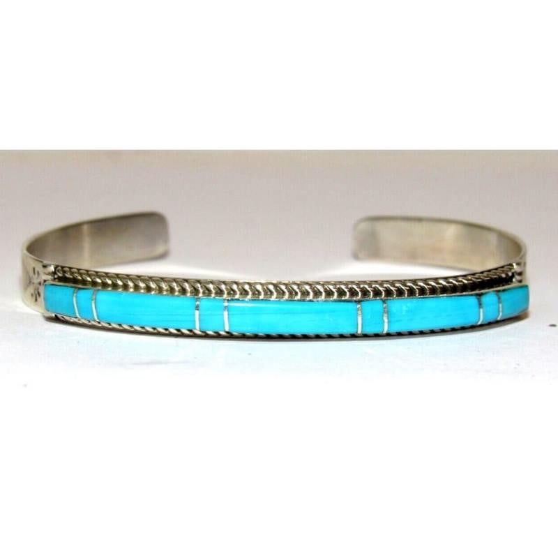 Navajo Turquoise Inlay Stacker Cuff Bracelet Sterling Native American Signed (1 of 8)