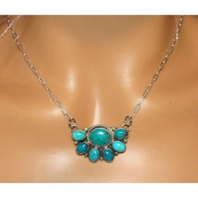 Navajo Kingman & Royston Turquoise Cluster Bar Necklace Sterling Silver M James