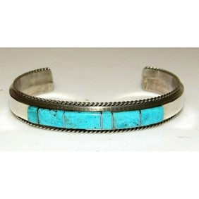 Navajo Turquoise Inlay Stacker Cuff Bracelet Sterling Native American Signed