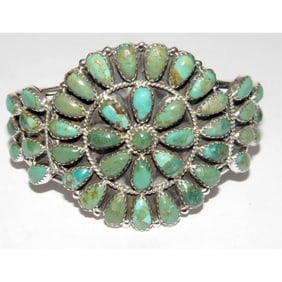 Navajo Turquoise Cluster Cuff Bracelet Sterling Silver Native American Signed