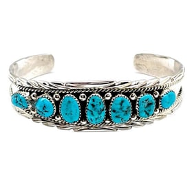 Navajo Kingman Turquoise Cluster Cuff Bracelet A.Chapo Sterling Silver