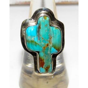 Navajo Turquoise Cactus Ring Size 9 Sterling Silver Native American Signed