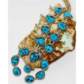 Navajo Squash Blossom Necklace Kingman Turquoise Necklace Sterling Silver 21"L (Copy)