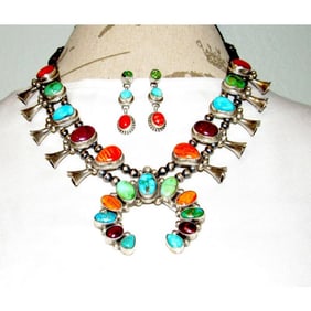 Navajo Turquoise Spiny Squash Blossom Necklace & Earrings Set Sterling