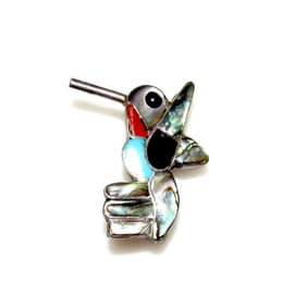 Old Pawn Zuni Inlay Hummingbird Pin Brooch Sterling Silver