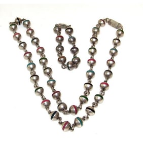 Taxco Mexican 925 Sterling Silver Bead Necklace and Bracelet Set