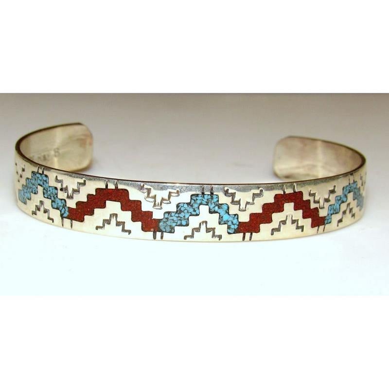 Navajo Turquoise Coral Inlay Stacker Cuff Bracelet Sterling Silver R Bagay (1 of 4)