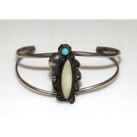 Old Pawn Navajo Mother of Pearl Turquoise Cuff Bracelet Sterling Silver Cuff
