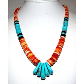 Santo Domingo Kingman Turquoise Orange Spiny Heishi Necklace Lupe Lovato