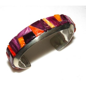 Navajo Cobble Stone Inlay Bracelet Purple Red Orange Spiny Sterling B Brown
