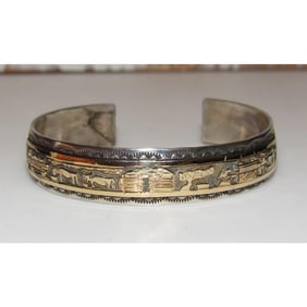 VTG Navajo Sterling Silver 12K Storyteller Cuff Bracelet A. Hoskie