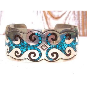 Navajo Sterling Silver Turquoise Coral Inlay Cuff Bracelet J Yazzie
