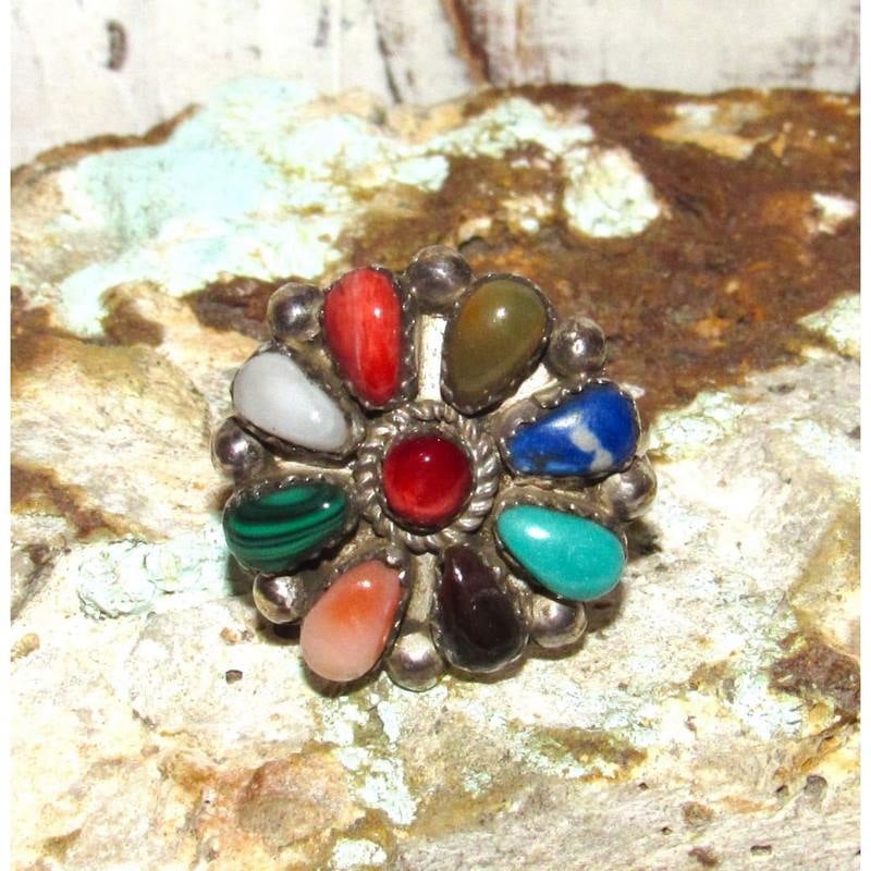 Navajo Cluster Ring Sz 9 Sterling M. Apachito Turquoise Coral Spiny MOP (1 of 5)