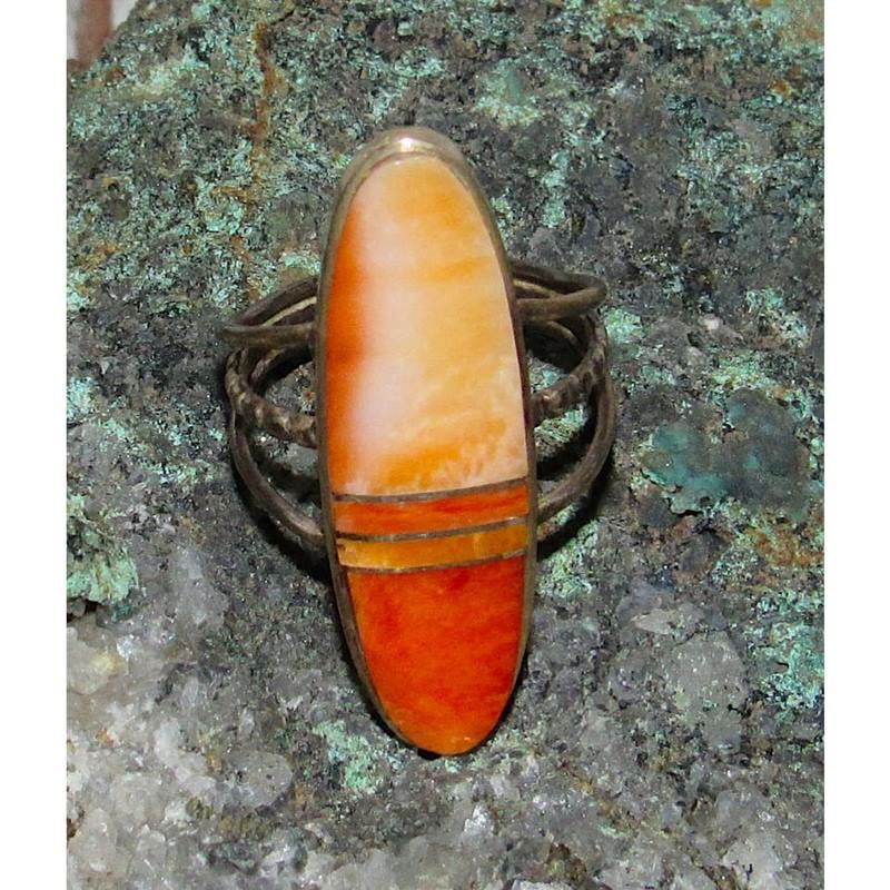 Navajo Orange Spiny Inlay Ring Sz 8 Sterling Silver E. Yazzie (1 of 5)