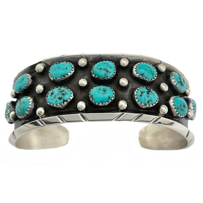 Navajo Kingman Turquoise Cuff Cluster Bracelet Sterling Silver Signed (1 of 3)
