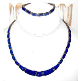 Taxco Mexican 950 Silver Lapis Lazuli Inlay Necklace and Bracelet Set