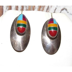 VTG Navajo Southwestern Statement Earrings Multi Stone Mosaic Inlay Sterling