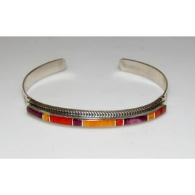 Navajo Orange Purple Spiny Inlay Stacker Cuff Bracelet Sterling Native Signed