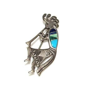 Vintage Navajo Inlay Kokopelli Pin Pendant Brooch Sterling Silver