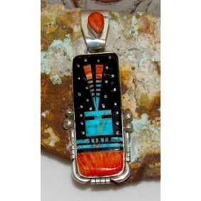 Navajo Ray Jack Kachina Pendant Turquoise Spiny Oyster Jet Inlay