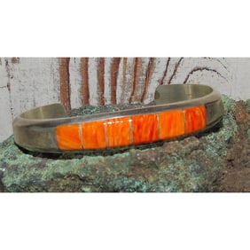 Navajo Orange Spiny Inlay Stacker Cuff Bracelet Sterling Native American Signed