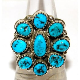 Navajo Kingman Turquoise Cluster Ring Sz 7 Sterling Silver Native Signed