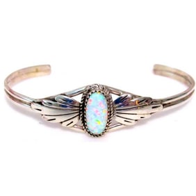 Navajo Opal Bracelet Sterling Silver Stacker Cuff by L. Yellowhair