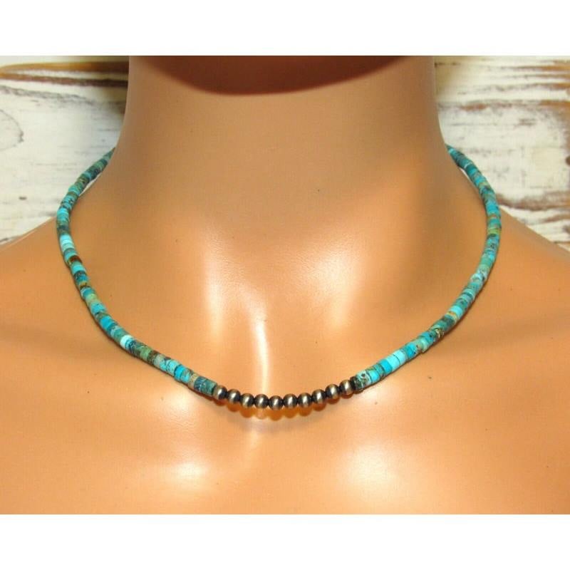 Navajo Rolled Turquoise & Navajo Pearls Heishi Choker Necklace Native 18L: Stunning Navajo Kingman turquoise small rolled beads and sterling silver beads Navajo pearls choker necklace with sterling silver clasp. Measures about 18" long. Rolled turquoise bead color and matrix