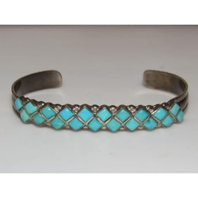 Vintage Zuni Turquoise Cuff Bracelet Silver Native American