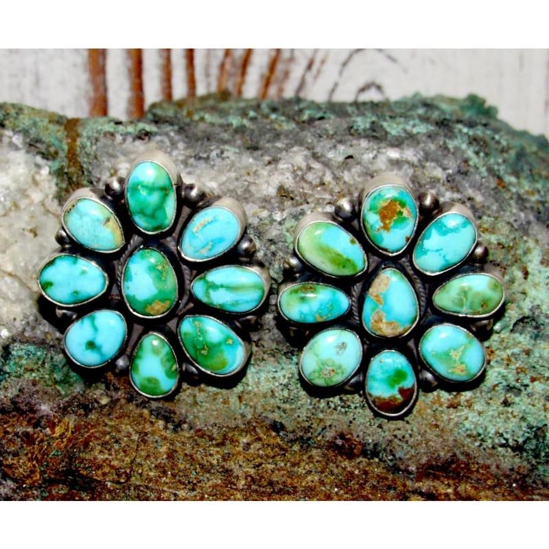 Navajo Sonoran Gold Turquoise Cluster Post Earrings Sterling D. Skeets (1 of 5)