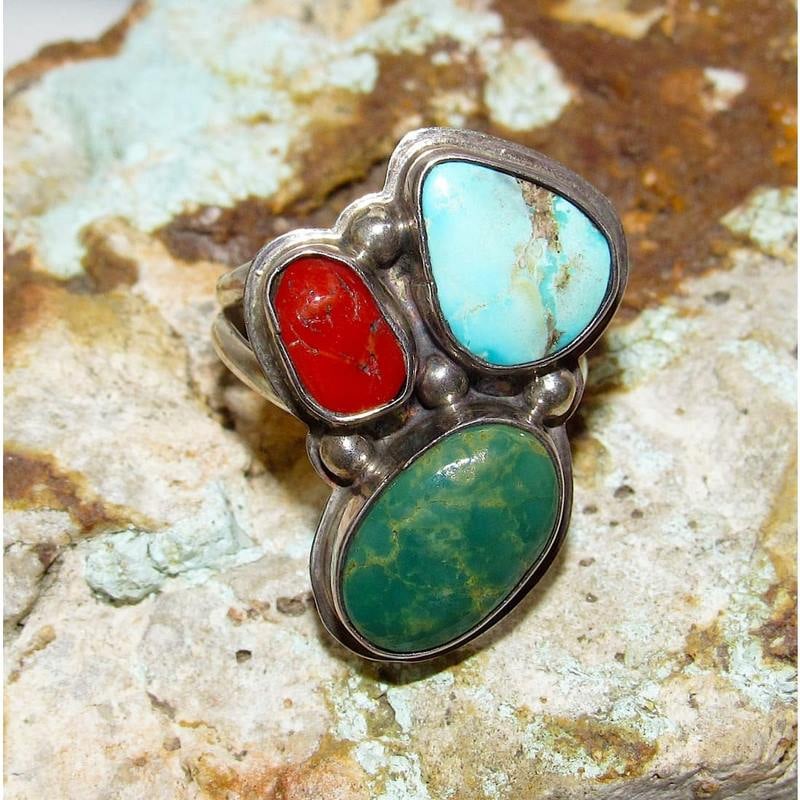 Navajo Cactus Ring Sz 9 Sterling Silver Royston Turquoise Mediterranean Coral (1 of 4)