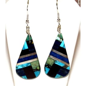 Santo Domingo Spiny Turquoise Jet Inlay Earrings Sterling Silver O Crispin 2"L