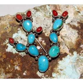 Navajo Prickly Pear Cactus Pendant Sterling Silver Turquoise Red Spiny Pin