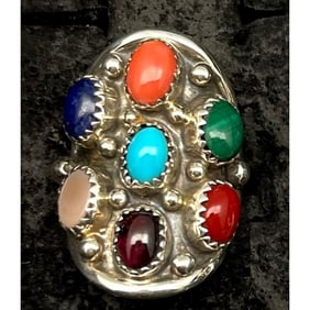 Navajo Cluster Ring Sz 6  Sterling Silver Turquoise Coral Spiny Oyster Lapis