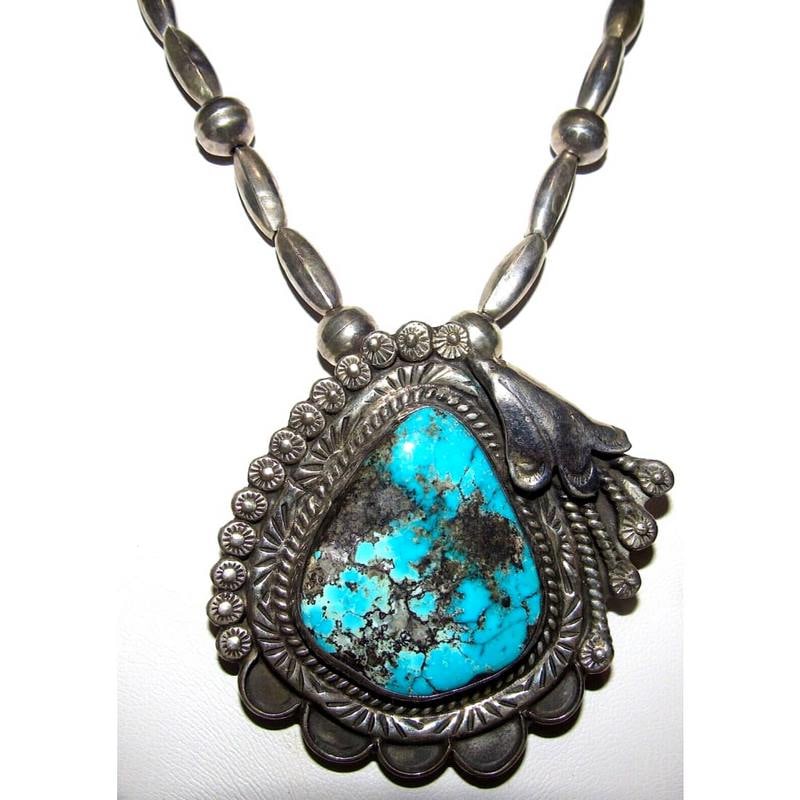 VTG Navajo Morenci Turquoise Pendant Necklace Sterling Navajo Pearls Necklace (1 of 11)