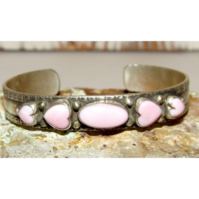 Navajo Pink Conch Hearts & Turquoise Bracelet Stacker Sterling G. Jones (1 of 7)