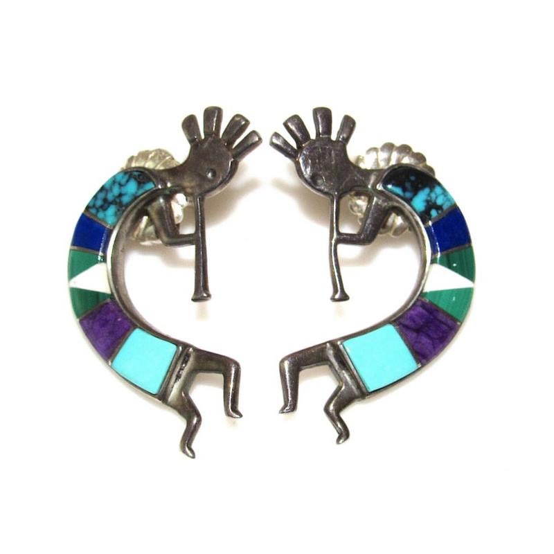Vintage Navajo Stud Earrings Kokopelli Turquoise Inlay Signed (1 of 4)