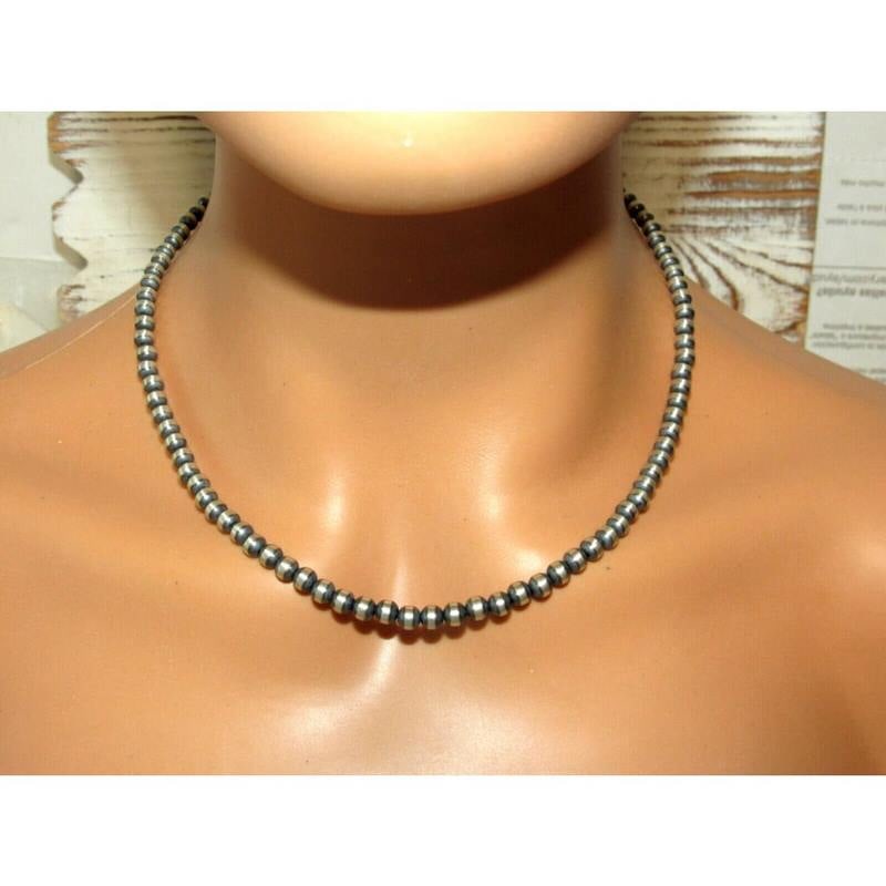 Navajo Pearls Necklace Sterling Silver 5mm Beads Necklace 18"L Choker: Classic Navajo pearls necklace with 5mm sterling silver beads design. Hook & eye closure. Measures 18" long. Gorgeous, elegant & timeless necklace that is sure to complement any outfit. Wonderful gift