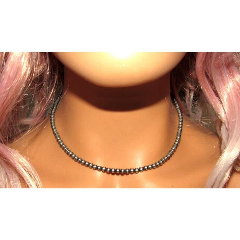 Navajo Pearls Necklace Sterling Silver 4mm Beads Necklace 16"L Choker M Lee: Classic Navajo pearls necklace with 4mm sterling silver beads design by the Navajo artist M. Lee. Traditional hook & eye closure. Measures 16" long. Gorgeous, elegant & timeless necklace that is sure 