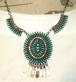 Old Pawn Zuni Turquoise Petit Point Cluster Necklace Sterling Silver Signed