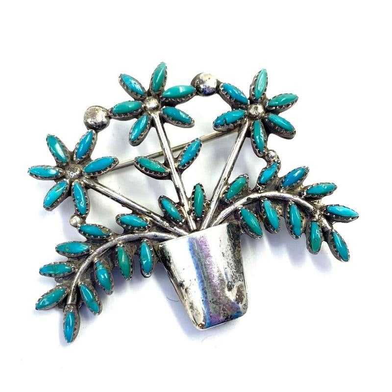 VTG Zuni Flower & Butterfly Pin Brooch Turquoise Sterling Silver (1 of 5)