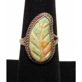 Zuni Carved Royston Turquoise Leaf Ring Size 6 Sterling Silver Native American